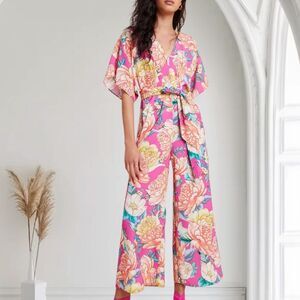 FARM Rio Eulalie Pink Floral Wide Leg Jumpsuit XS